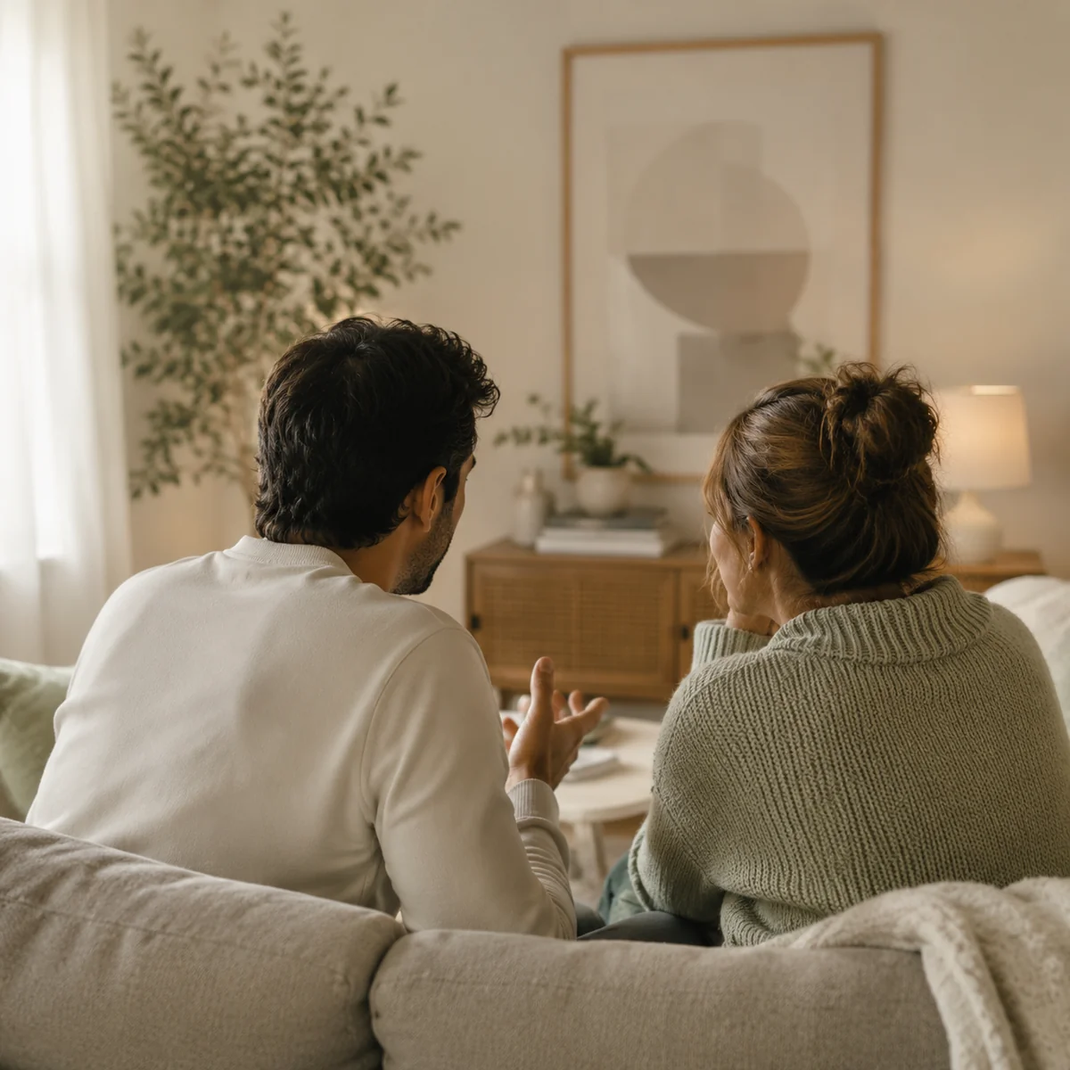 Monogamish couple having a calm conversation on a sofa, editorial photography style