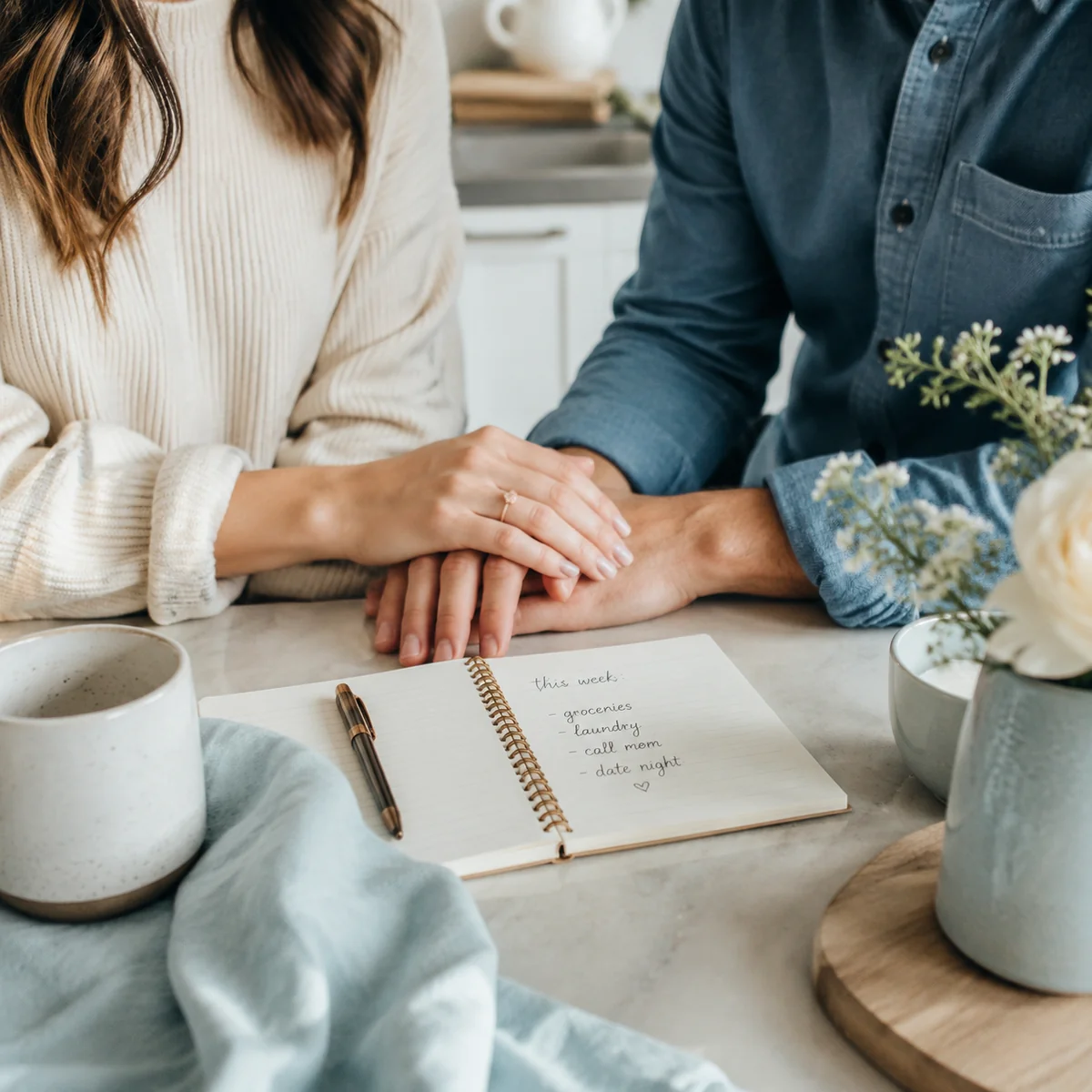 Couple writing monogamish boundaries in a shared notebook