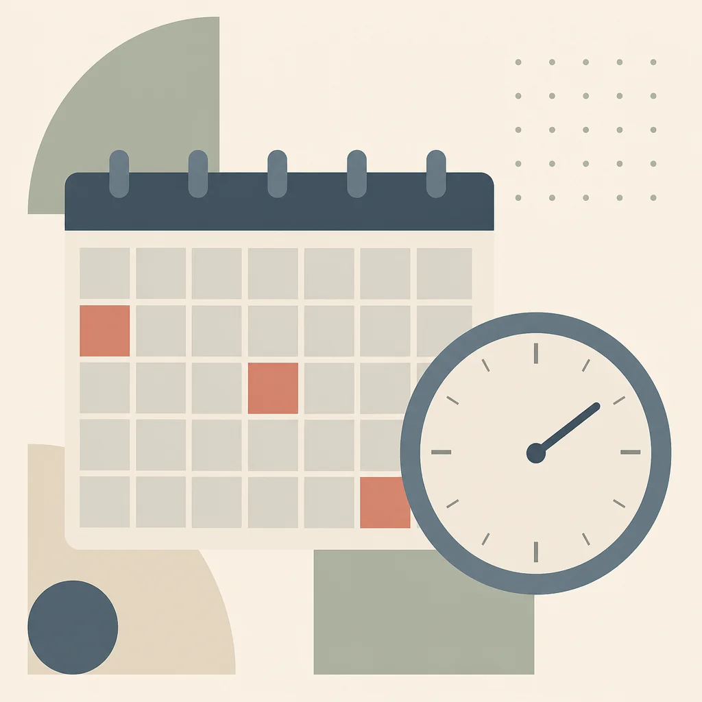 Geometric illustration of a calendar and clock with widely spaced highlights representing time between visits
