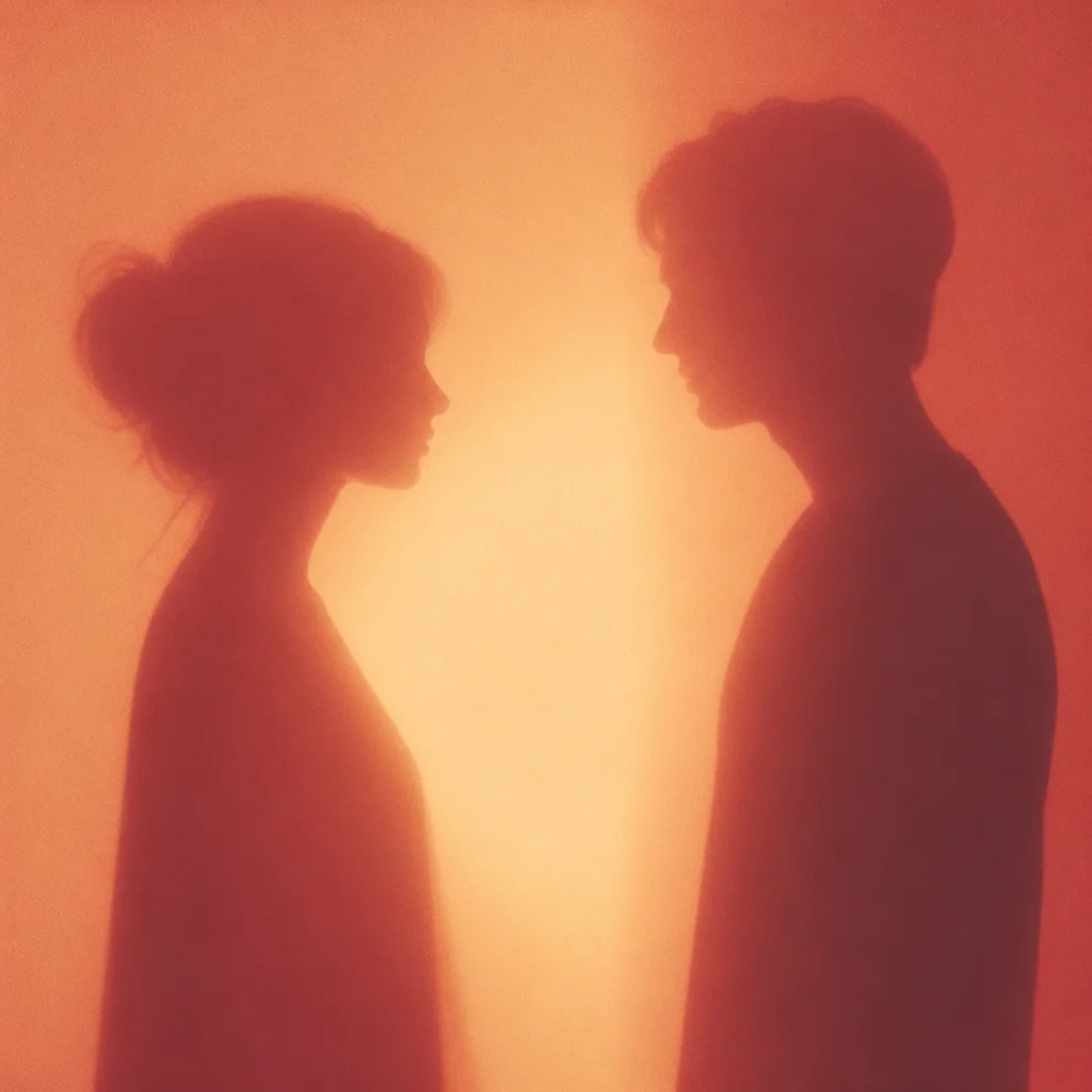 Two abstract silhouettes with warm light between them representing a couple building a messy list together