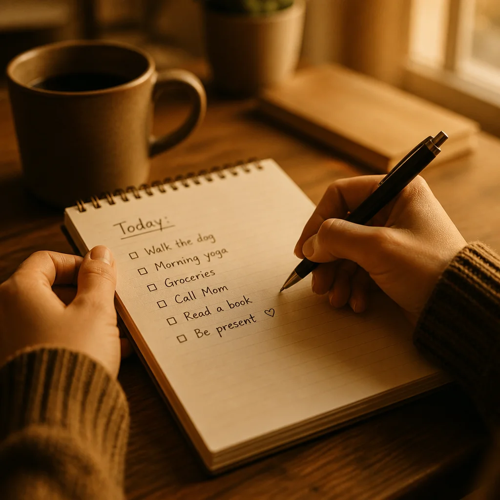 Two hands writing a list together on paper in warm amber tones