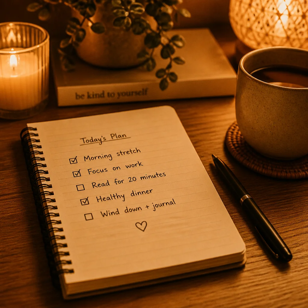 A notebook with a short handwritten checklist in warm amber tones