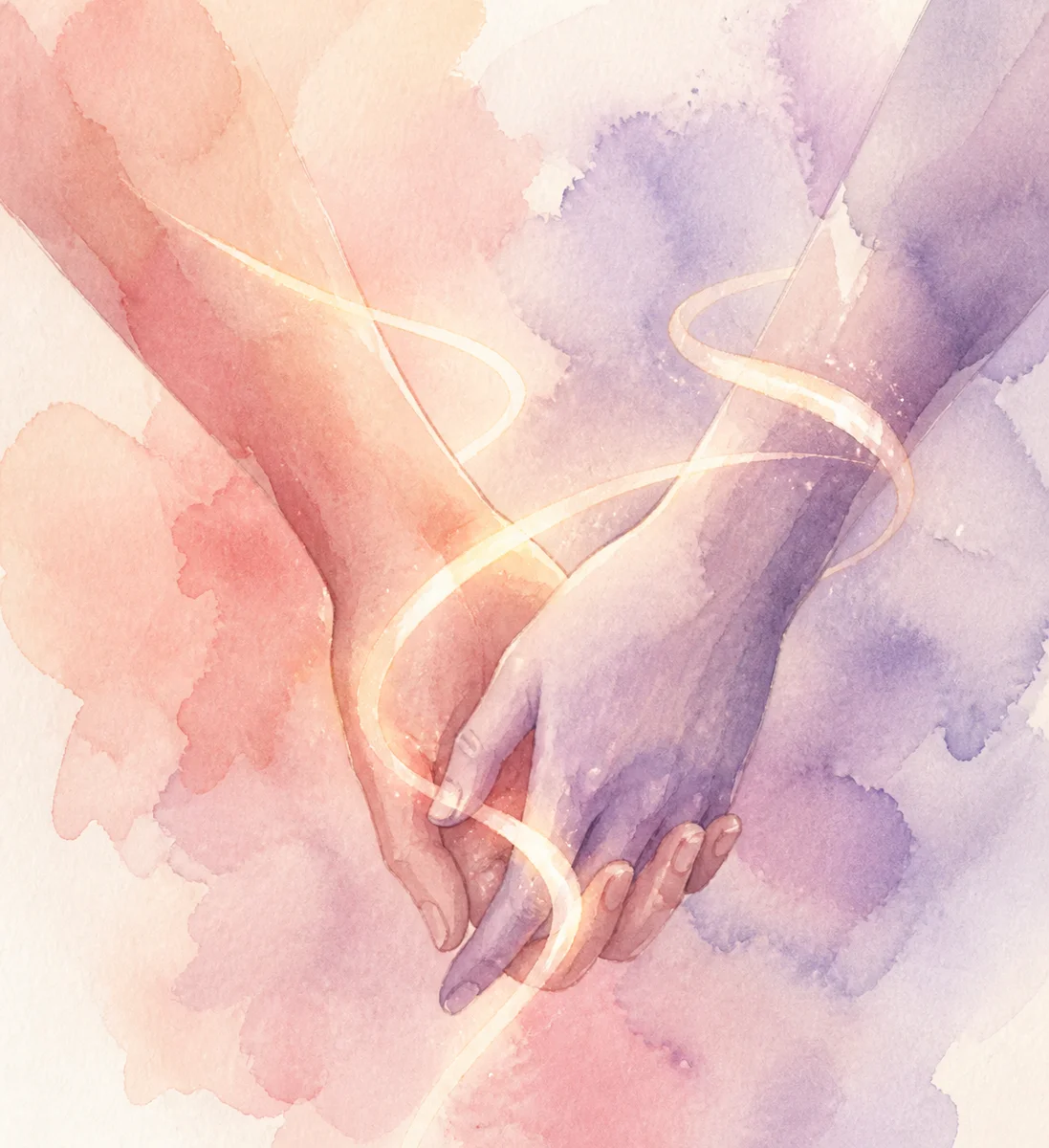 Soft watercolor of two hands connected by a shared ribbon representing a metamour bond