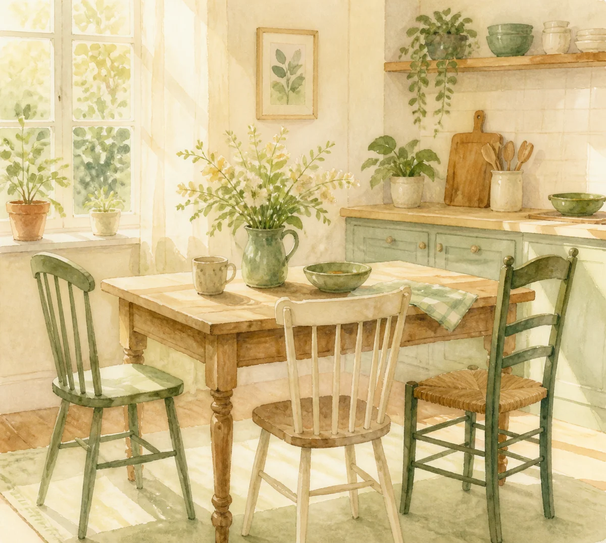 Watercolor of a kitchen table with three chairs representing kitchen table polyamory