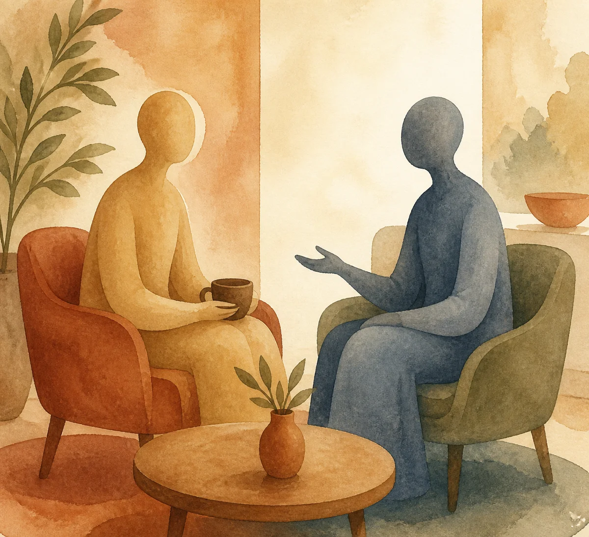 Two abstract figures in gentle conversation representing a metamour check-in