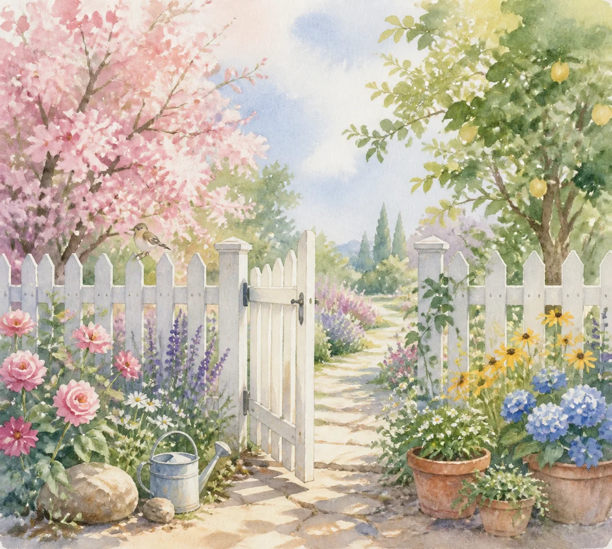Watercolor fence with an open gate symbolizing healthy metamour boundaries