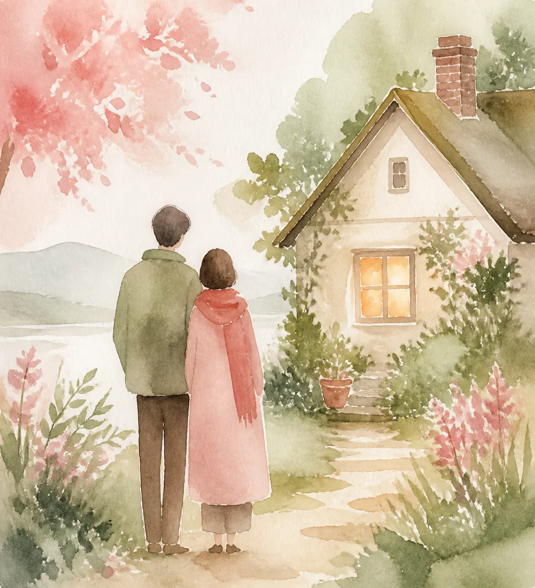 Two abstract figures beside a cozy home in watercolor, representing a nesting partnership