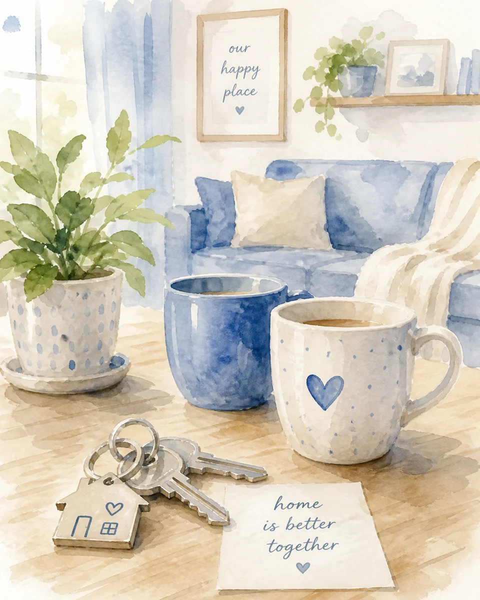 Watercolor of shared home details: keys, a plant, and two mugs on a table