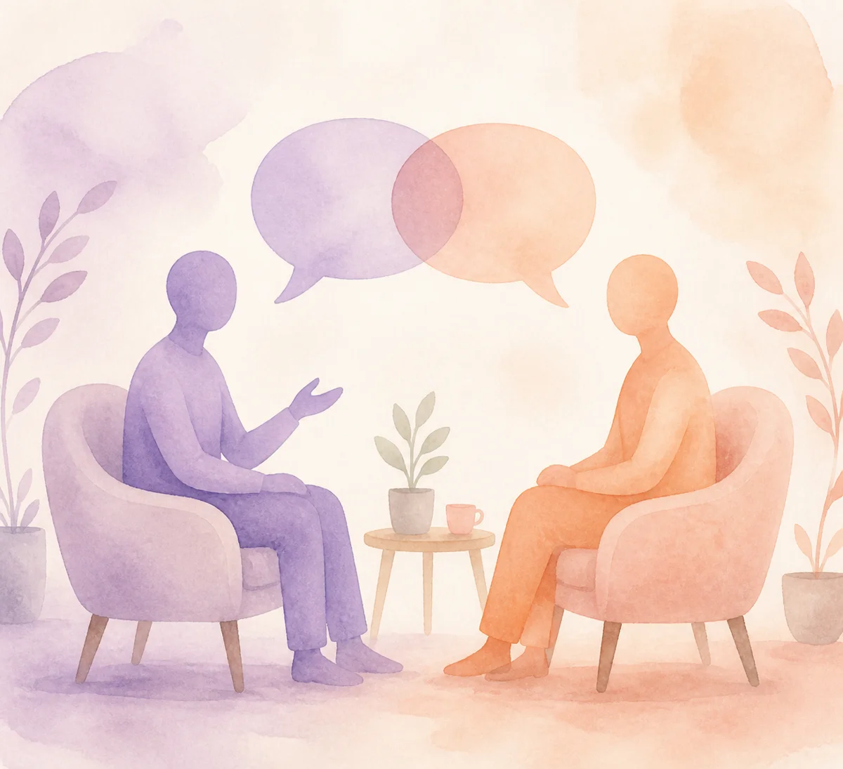 Two abstract figures talking with soft speech bubbles, watercolor illustration