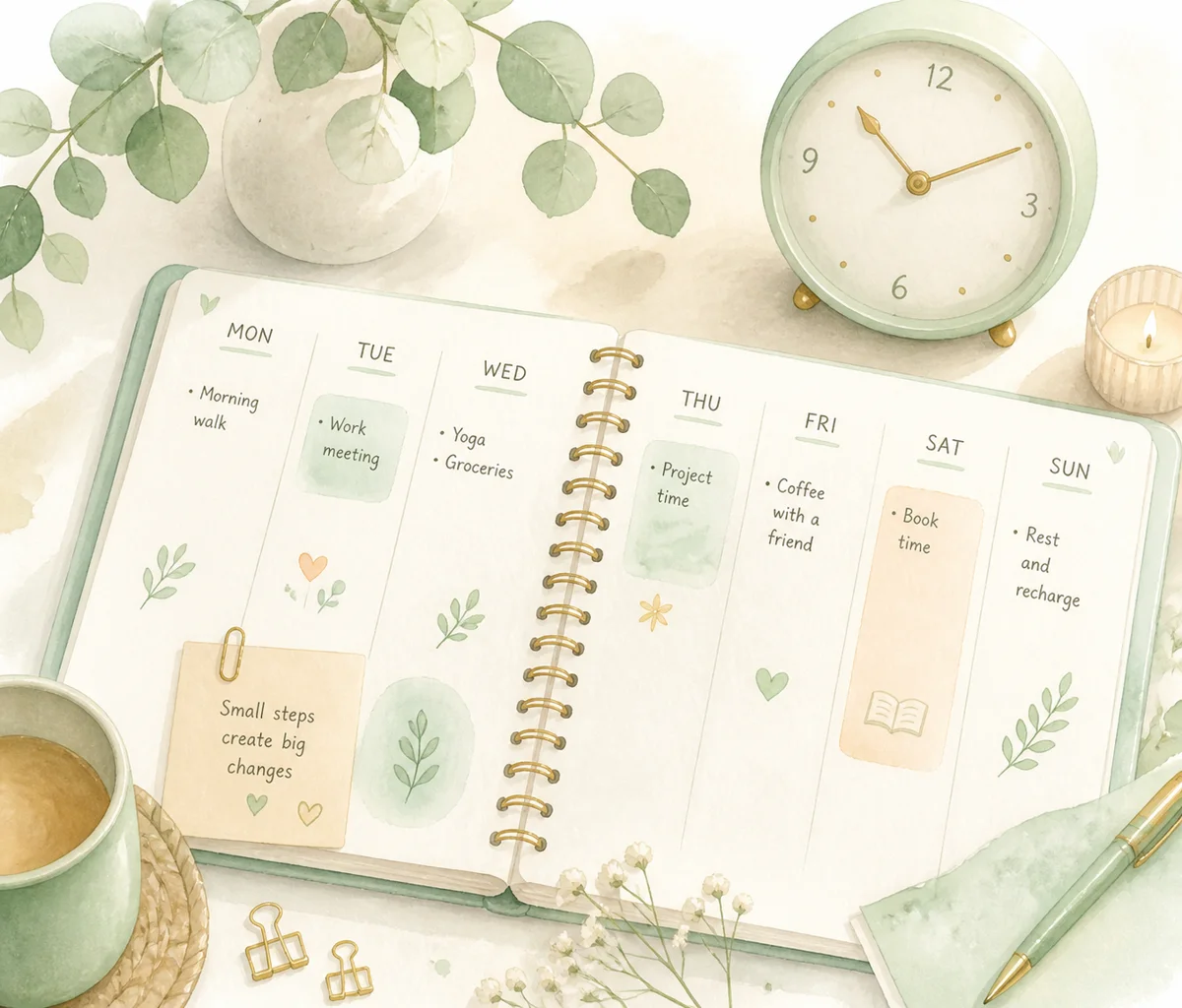 Watercolor of an open calendar and clock, representing shared scheduling
