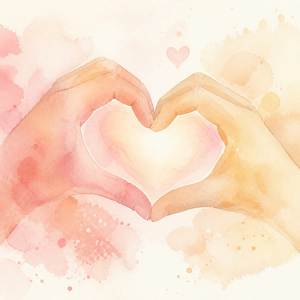 Two hands forming a heart shape in soft watercolor
