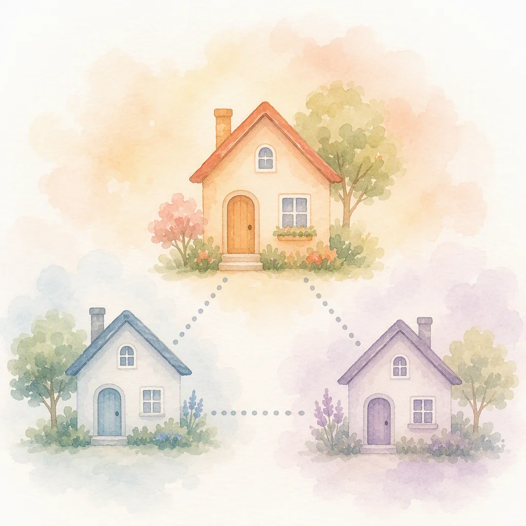Watercolor illustration of three houses connected by lines, one larger, representing different relationship roles