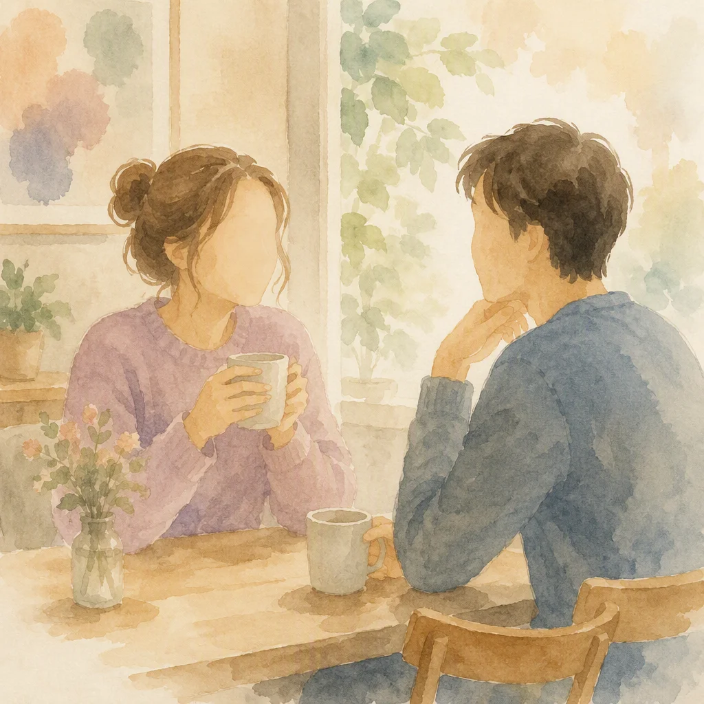 Watercolor illustration of two faceless people talking over coffee, representing a relationship check-in