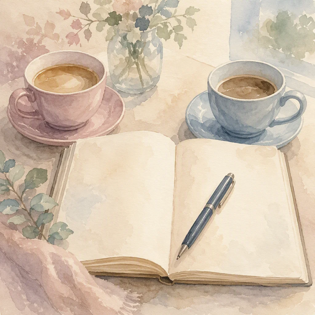 Watercolor illustration of an open notebook and two coffee cups, representing a script for difficult conversations