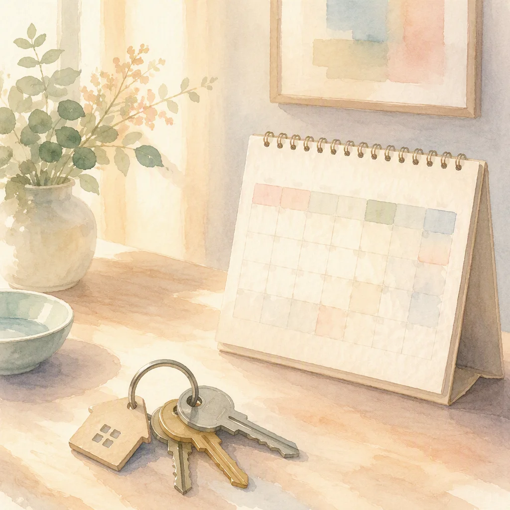 Watercolor illustration of house keys and a calendar, representing practical entanglement