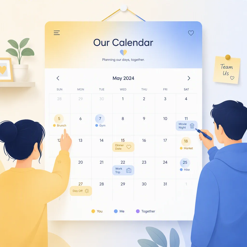 A wall calendar with soft rounded markers representing shared scheduling