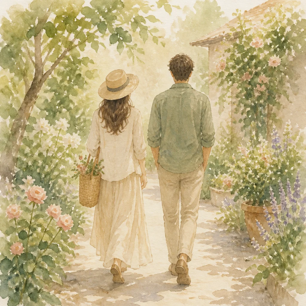 Two people walking side by side in a queerplatonic relationship, seen from behind, soft watercolor