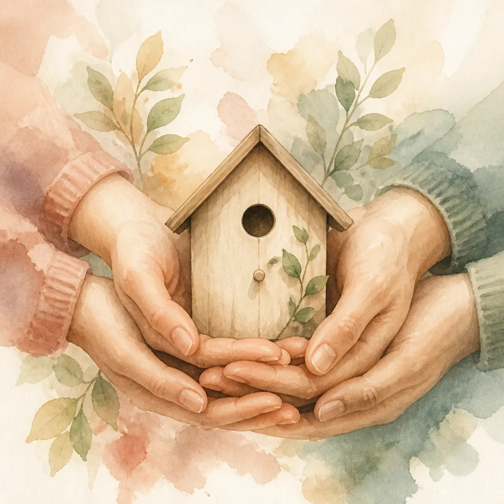 Two hands cupped together holding a small birdhouse, watercolor illustration