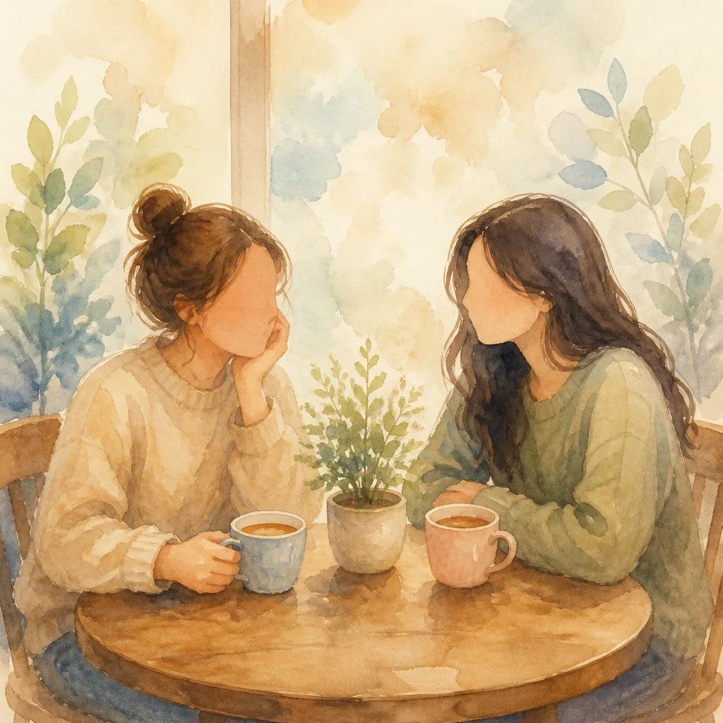 Two coffee cups on a shared table with a small plant between them
