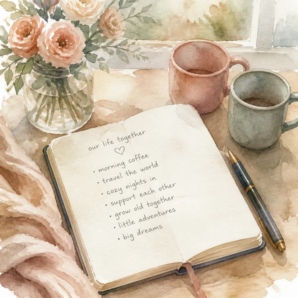An open notebook with a short list and a pen resting beside it