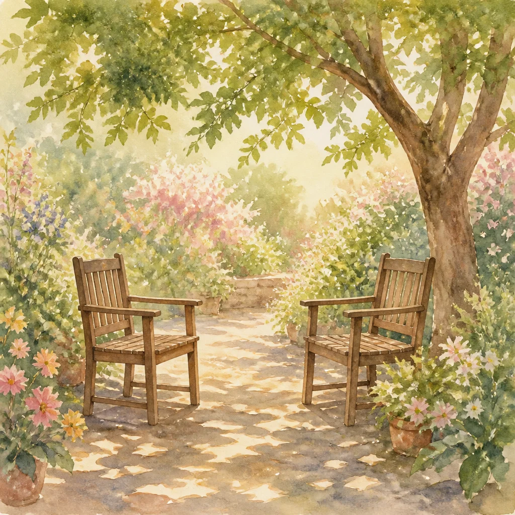 Two empty chairs facing each other, symbolizing a committed queerplatonic partnership, soft watercolor