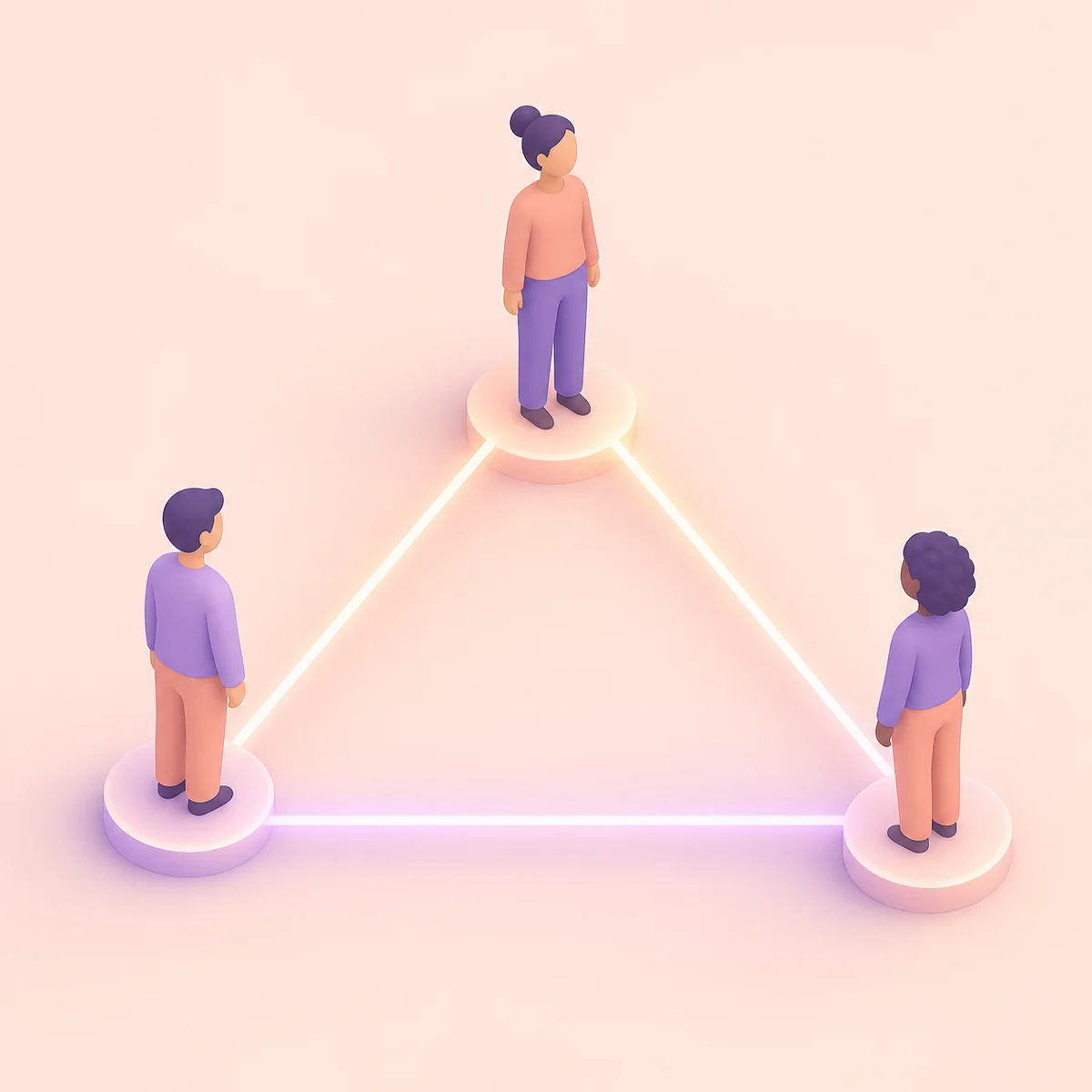 Isometric illustration of three equal figures forming a polyamorous triad triangle