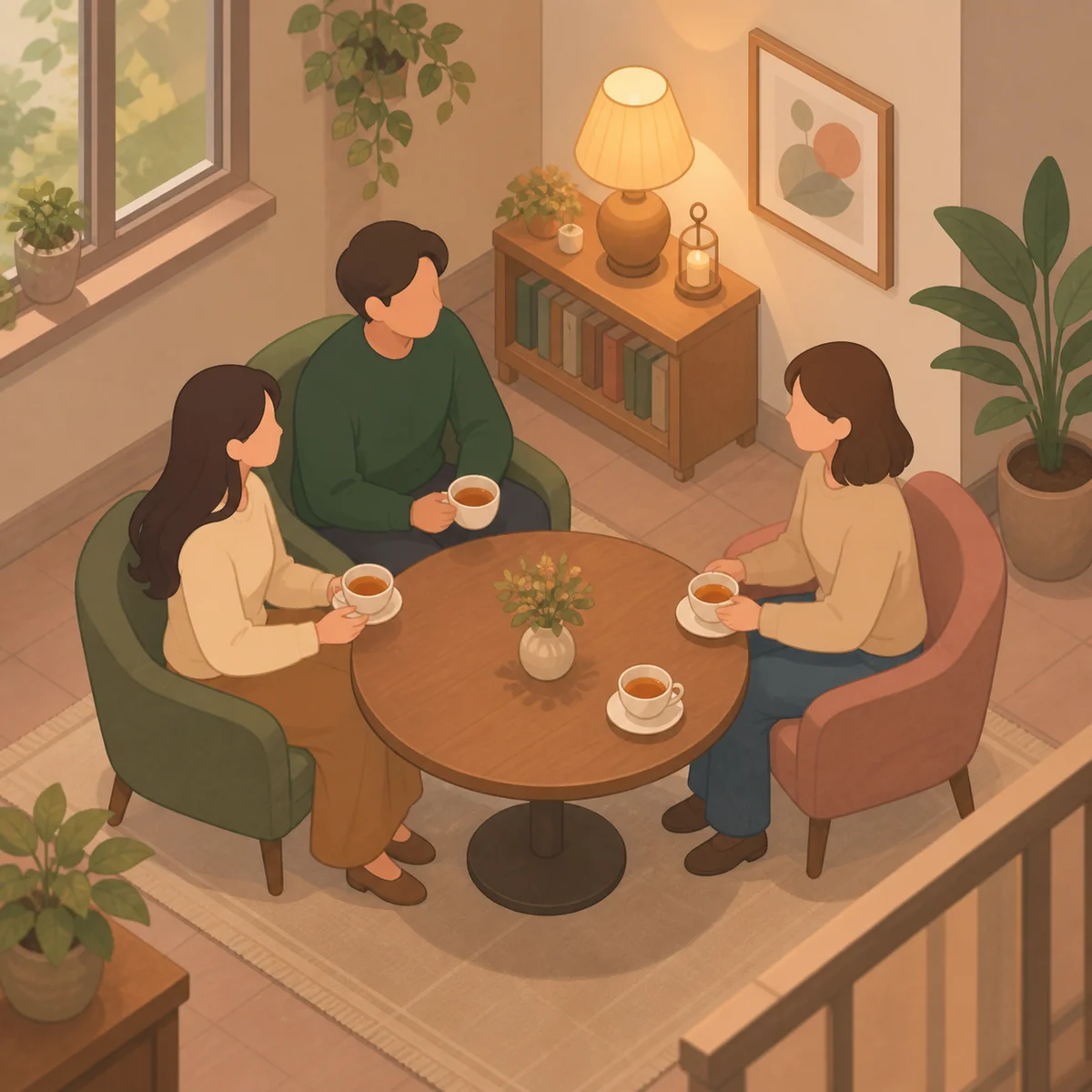 A couple and a single person talking at a round table about forming a triad