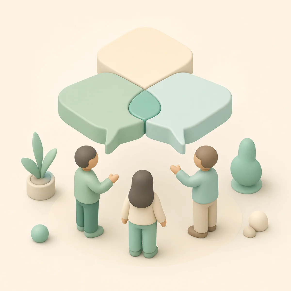 Three speech bubbles converging to represent communication in a triad
