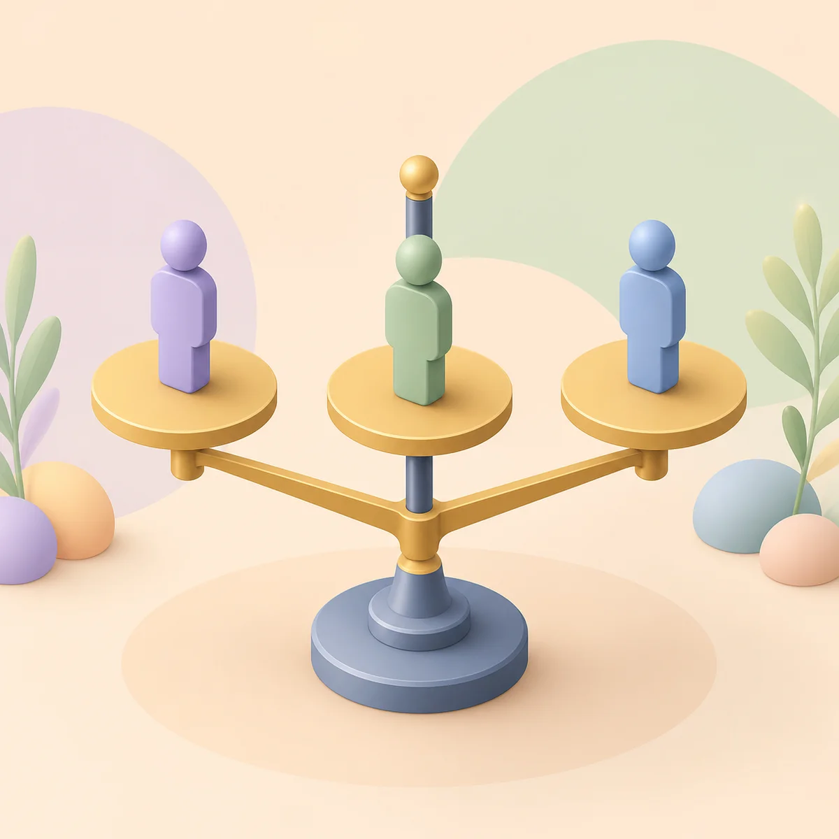 Balanced three-platform scale symbolizing equity in a triad relationship
