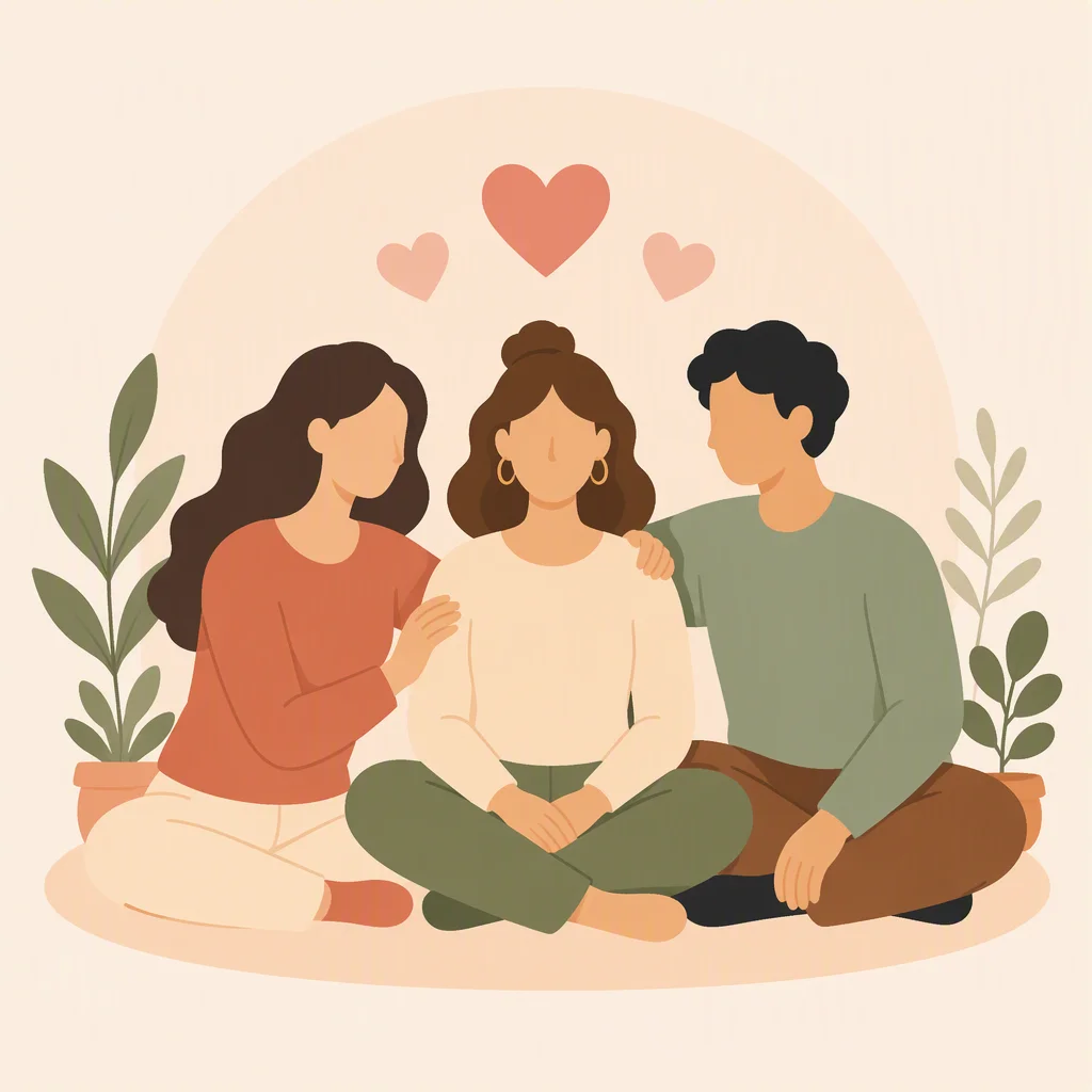 Three figures in a balanced arrangement representing a healthy vee relationship