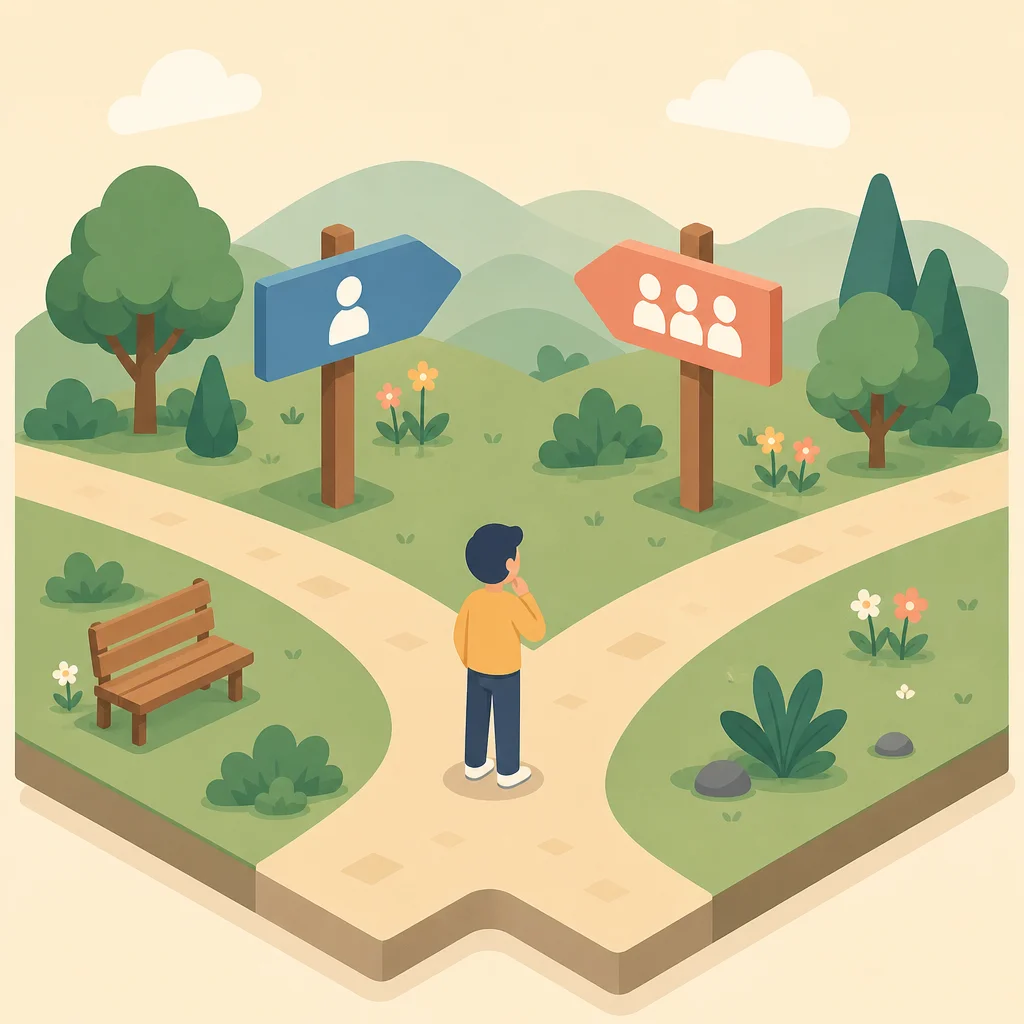 Isometric illustration of an ambiamorous person choosing between monogamy and non-monogamy