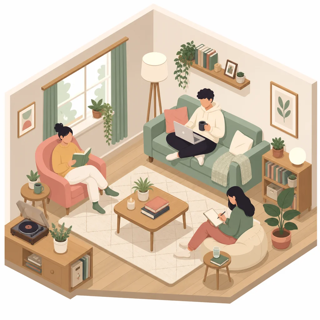 Isometric illustration of flexible relationship structures in a shared living space
