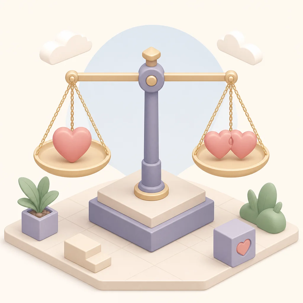 Balanced scale showing single heart versus two connected hearts for ambiamory