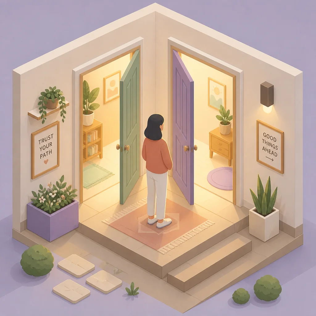 Ambiamorous person at a doorway with two open doors representing choice
