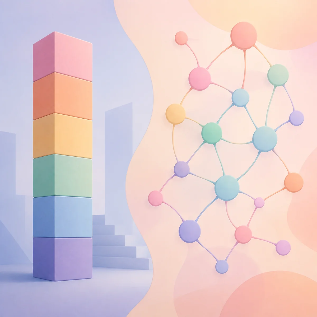 Abstract illustration contrasting a rigid ladder with a flexible network, representing hierarchy versus non-hierarchical polyamory