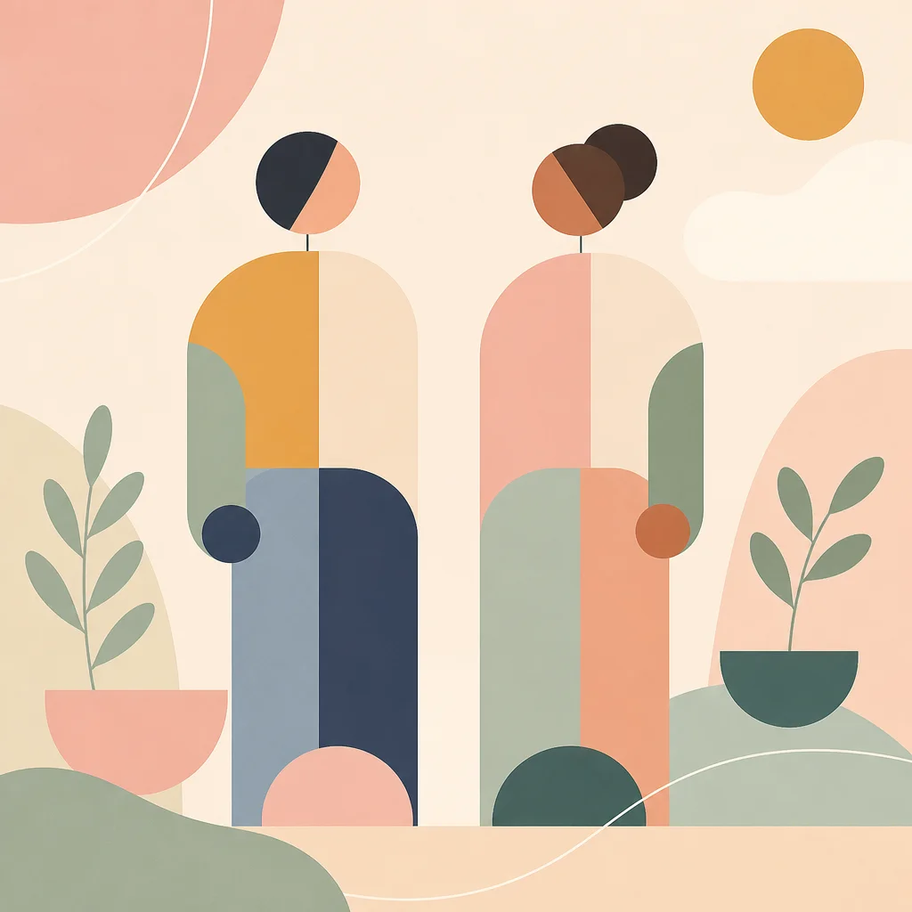 Two abstract geometric figures standing side by side, symbolizing an aromantic connection in ENM dating, warm pastel palette
