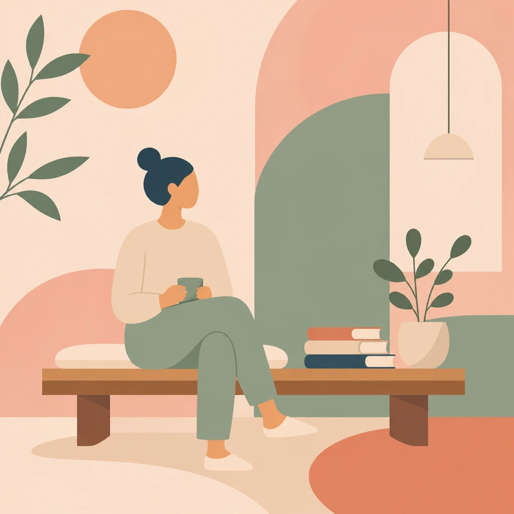 A single figure sitting calmly on a bench, representing aromantic autonomy in non-monogamy, warm pastel