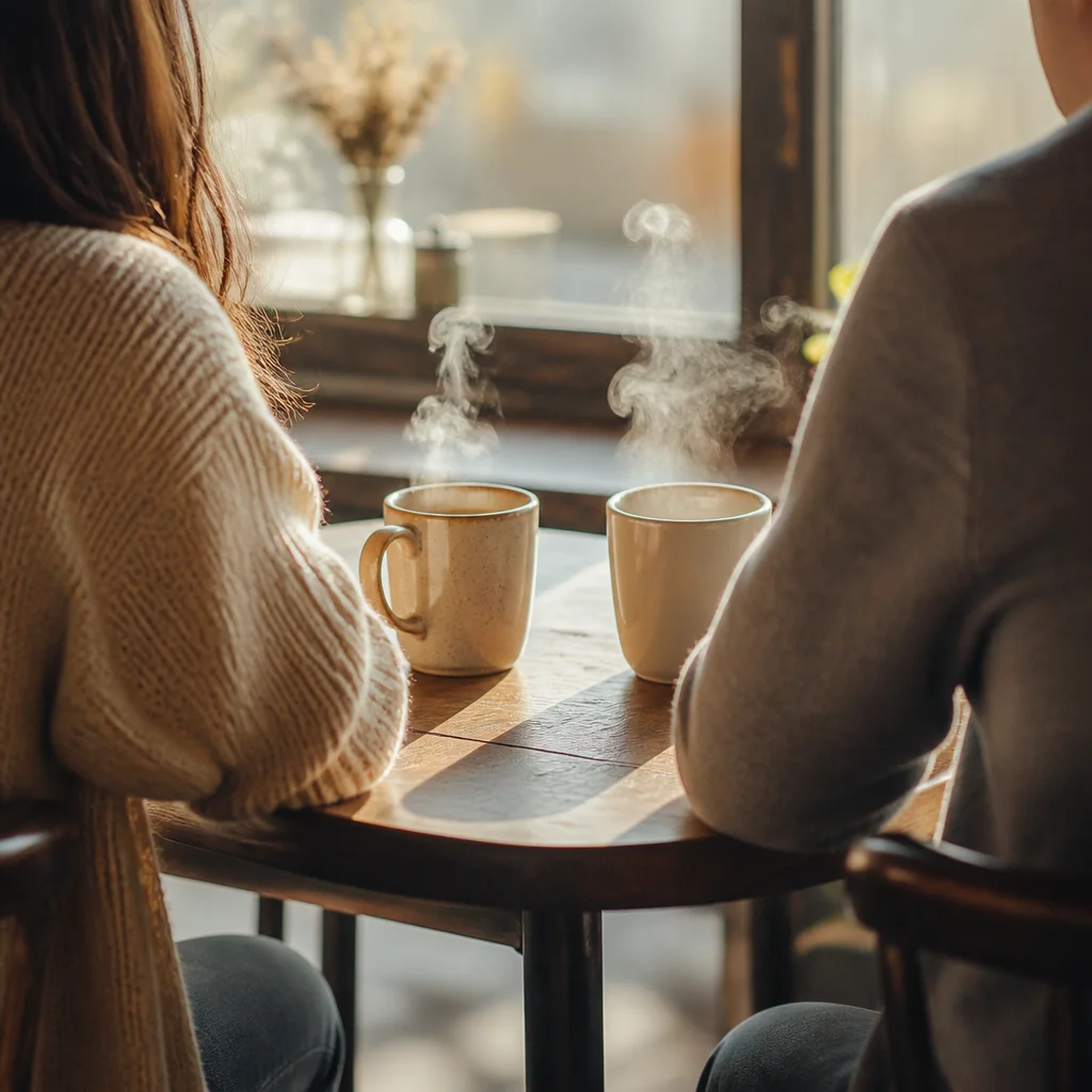 Two people talking over coffee at a cafe, seen from behind, warm lifestyle photography