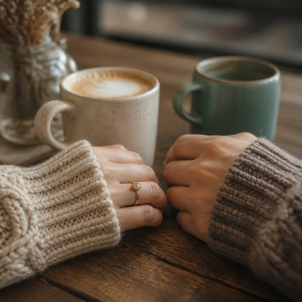 Two hands holding warm coffee mugs across a wooden table