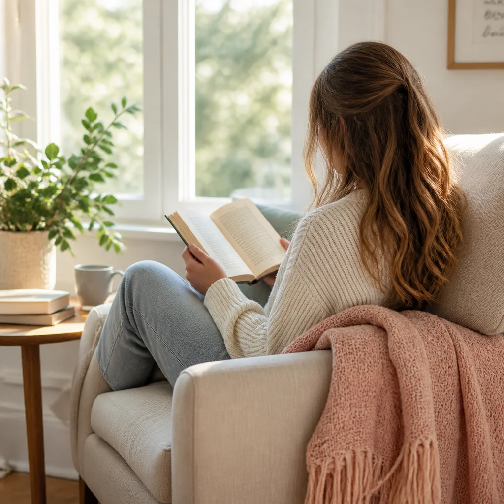 A person reading in a sunlit armchair, viewed from the side without showing their face
