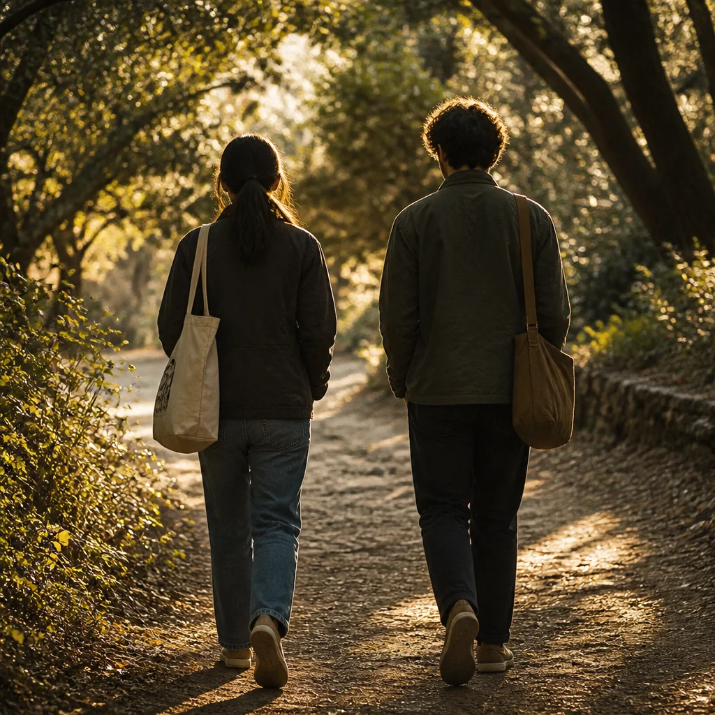 Two people walking together on a tree-lined path at golden hour, seen from behind