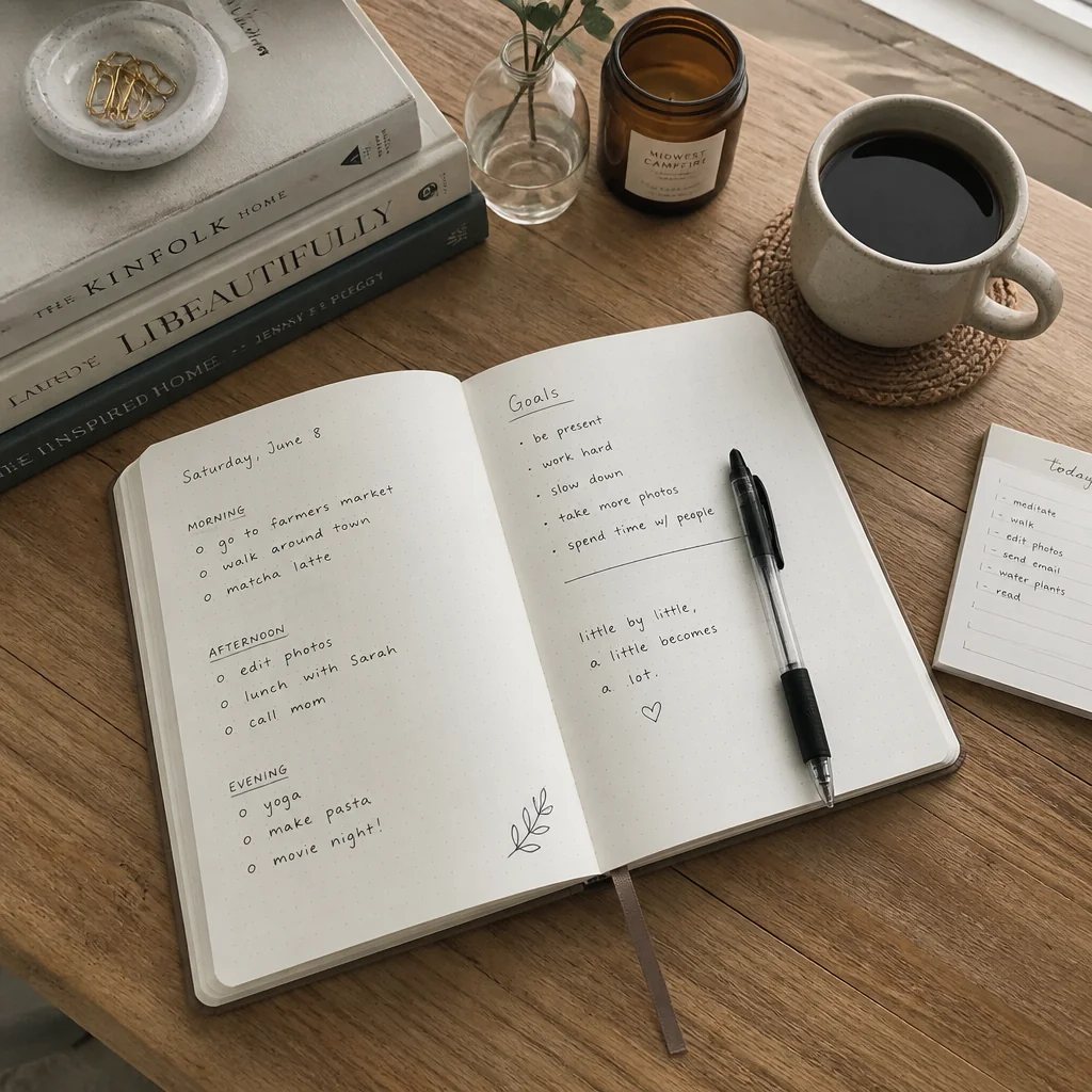 An open notebook with handwritten reflection notes and a pen on a desk