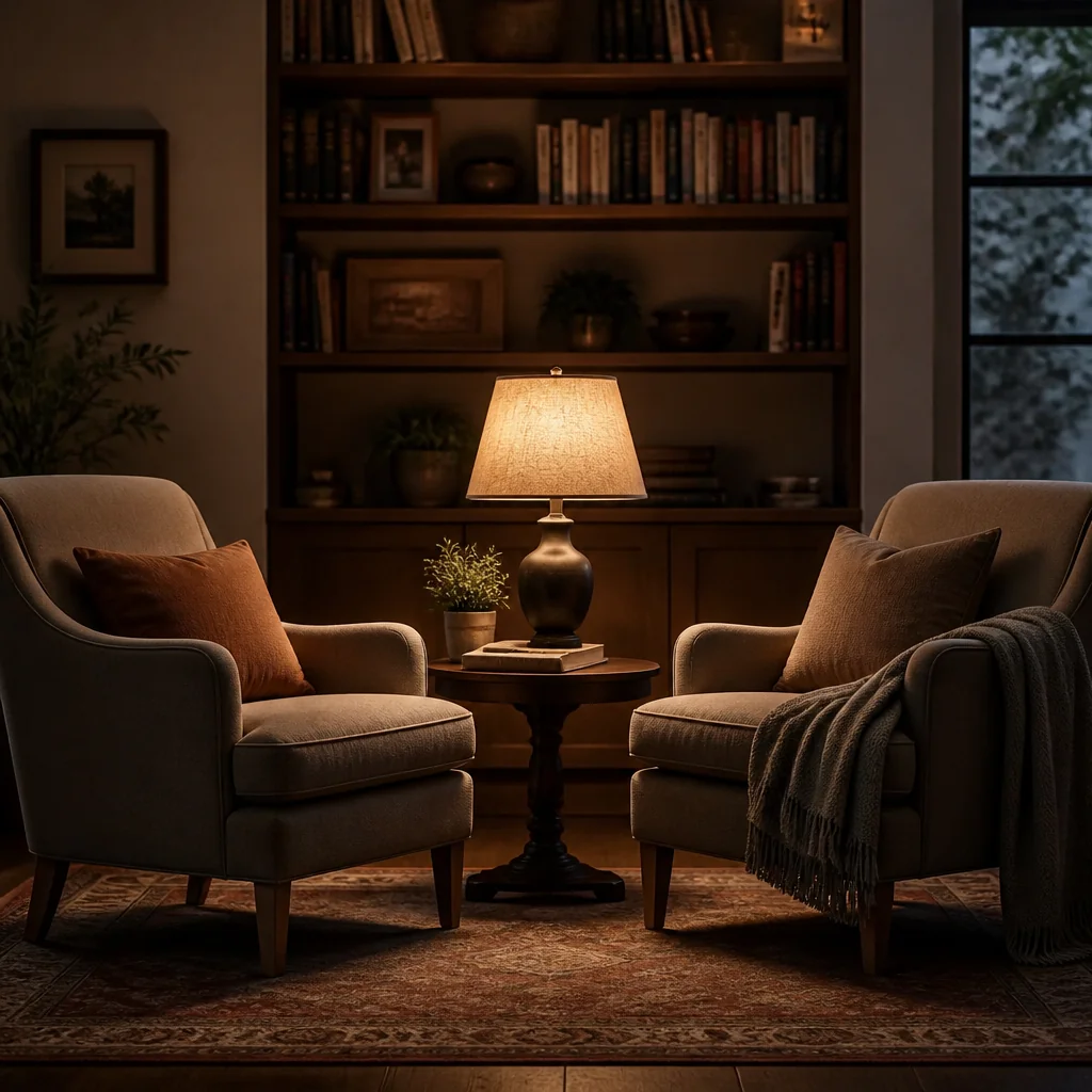 Two armchairs facing each other in a warm, softly lit living room