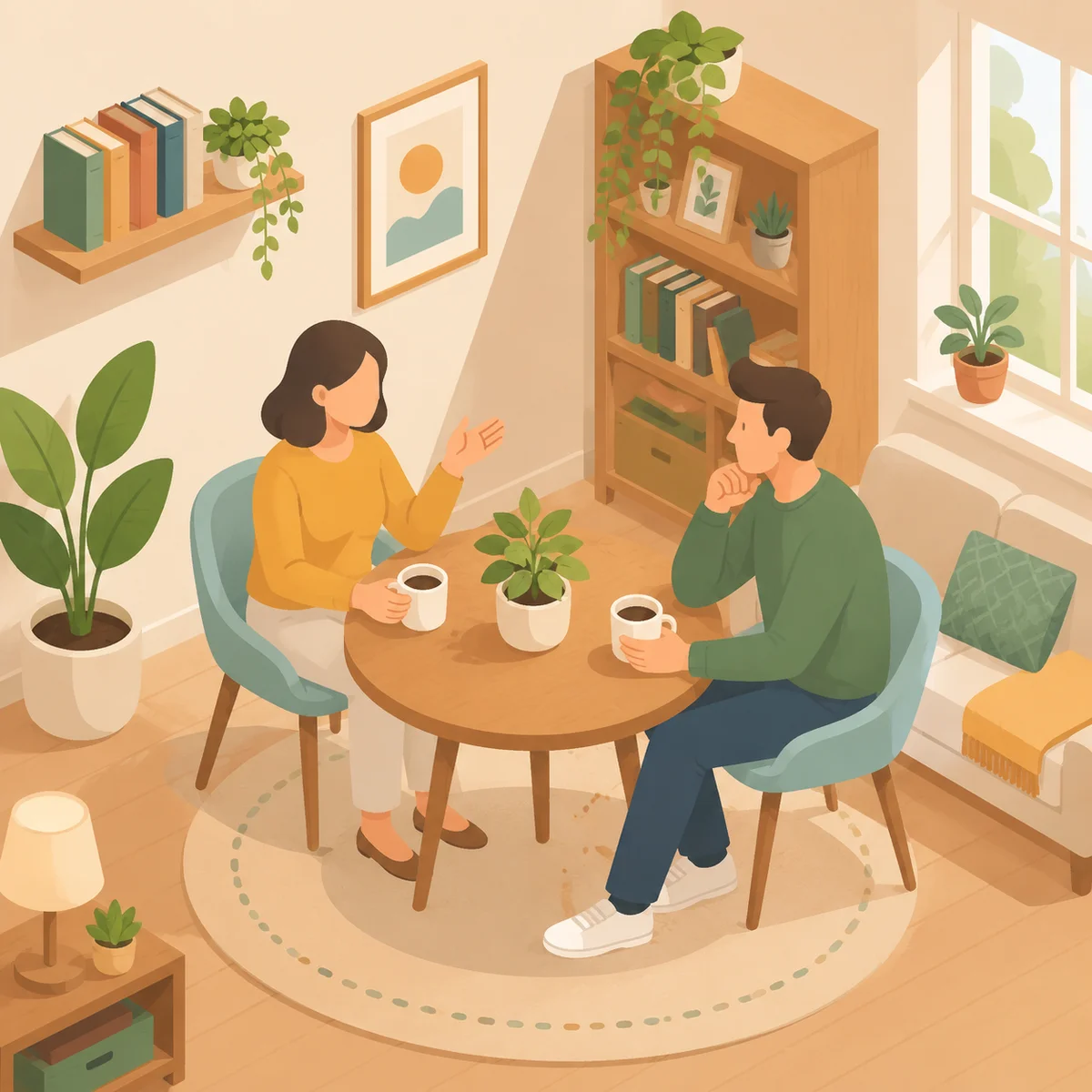 Two people having a calm conversation about fluid bonding in a cozy living room