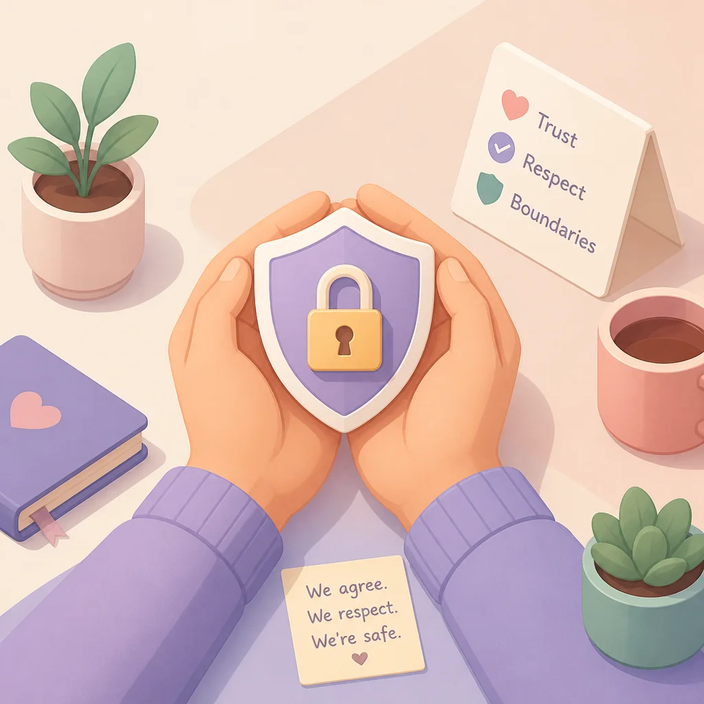 Hands holding a shield and lock symbolizing agreed boundaries