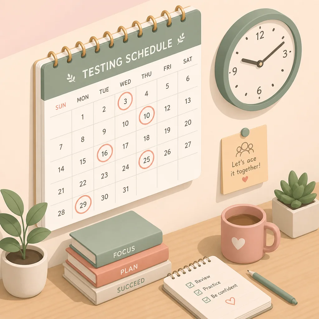 Calendar with circled dates representing a testing schedule