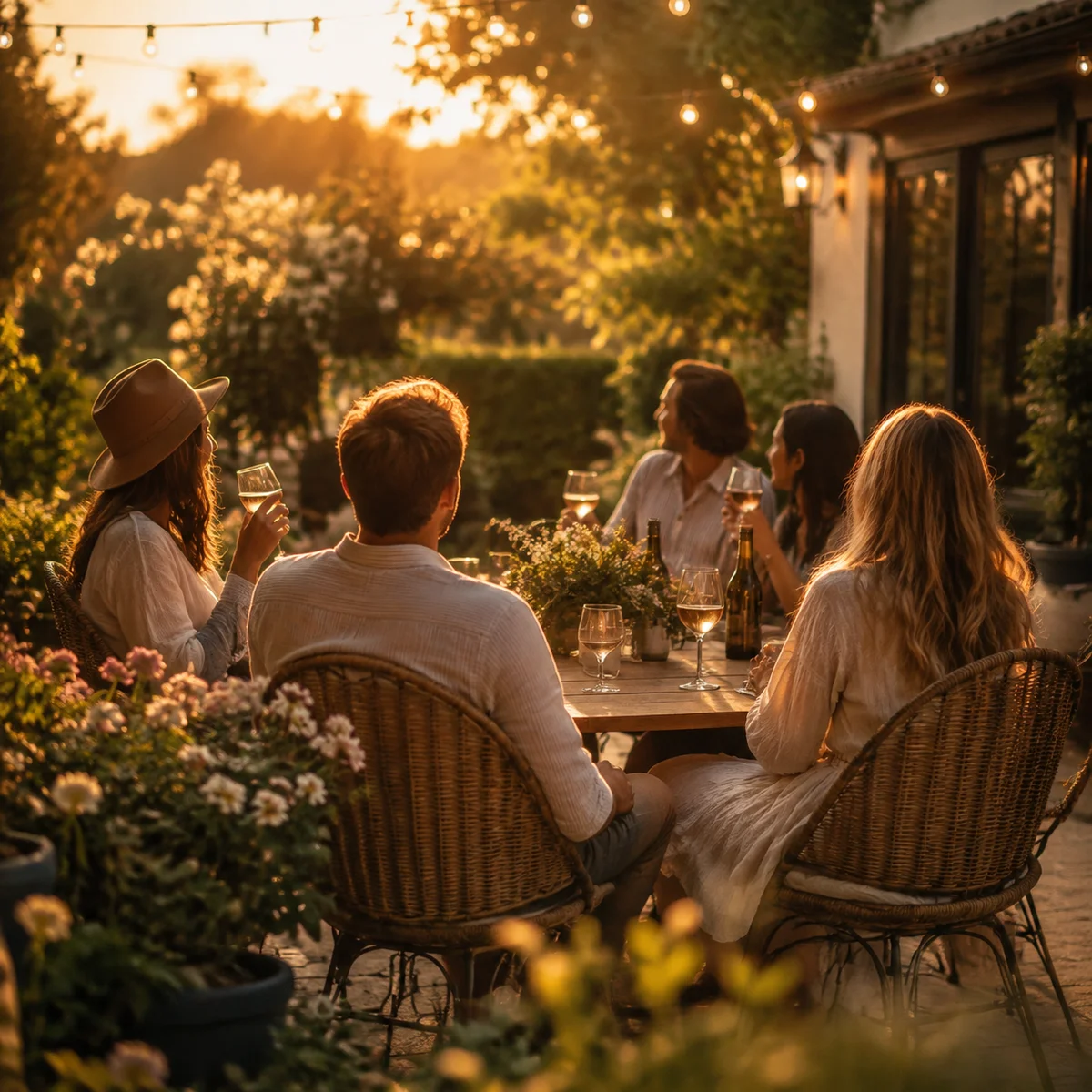 Three adults gathered around a garden patio table at golden hour, illustrating garden party polyamory's warm low-pressure vibe.