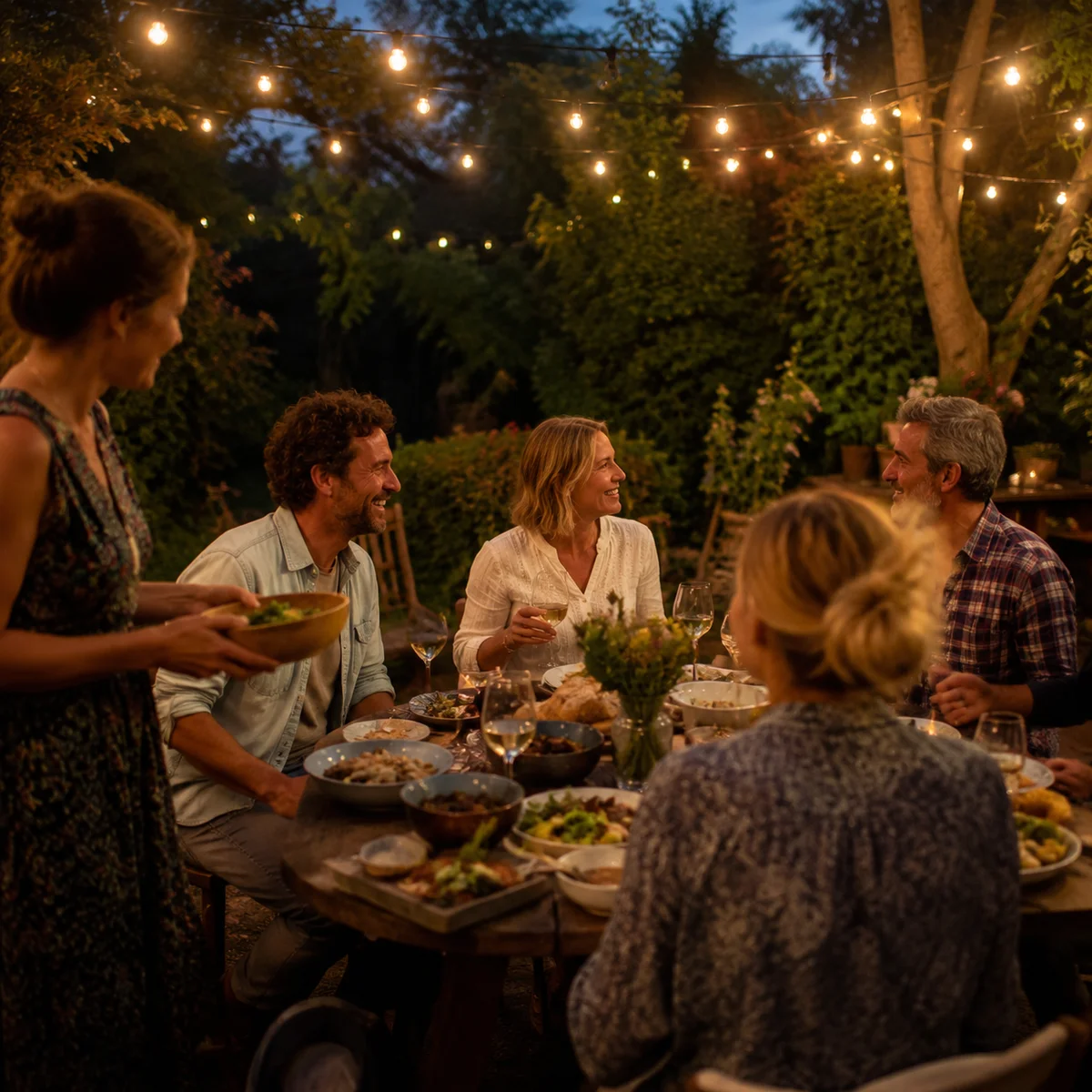 Adults sharing a potluck dinner outdoors at dusk under string lights, a typical garden party polyamory gathering.