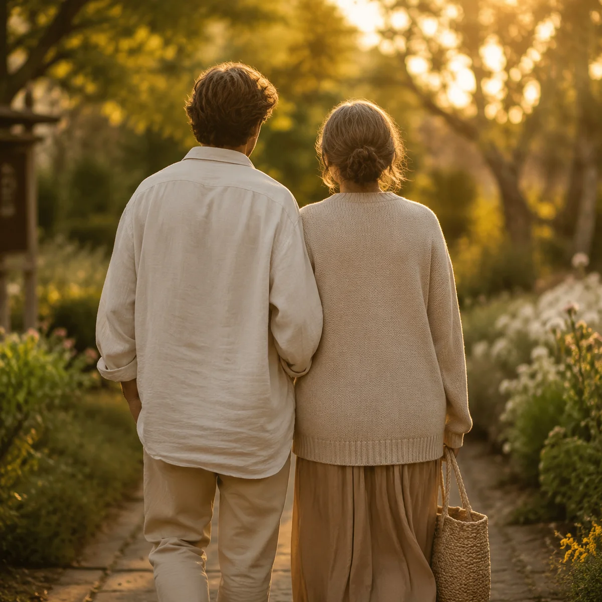 Two adults seen from behind walking together along a sunlit garden path at golden hour, reflecting the easy closeness of garden party polyamory.