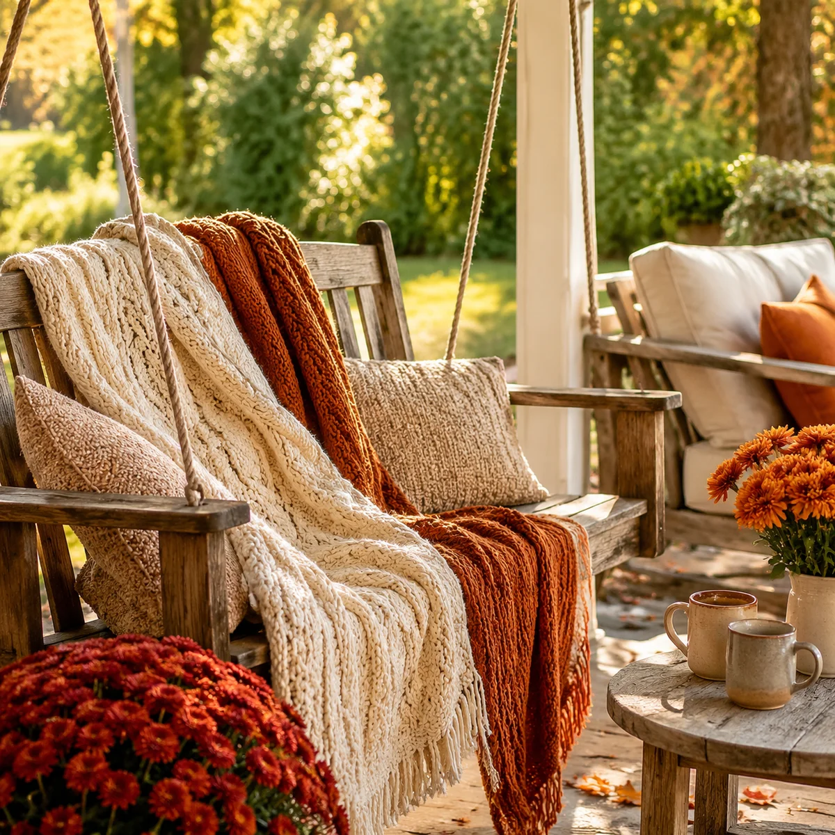A cozy porch swing scene in a sunlit garden with knit blankets, ceramic coffee mugs, and flowers, capturing the warm autonomy of garden party polyamory.